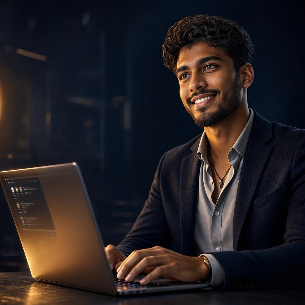 Estudante usando notebook, sorrindo
